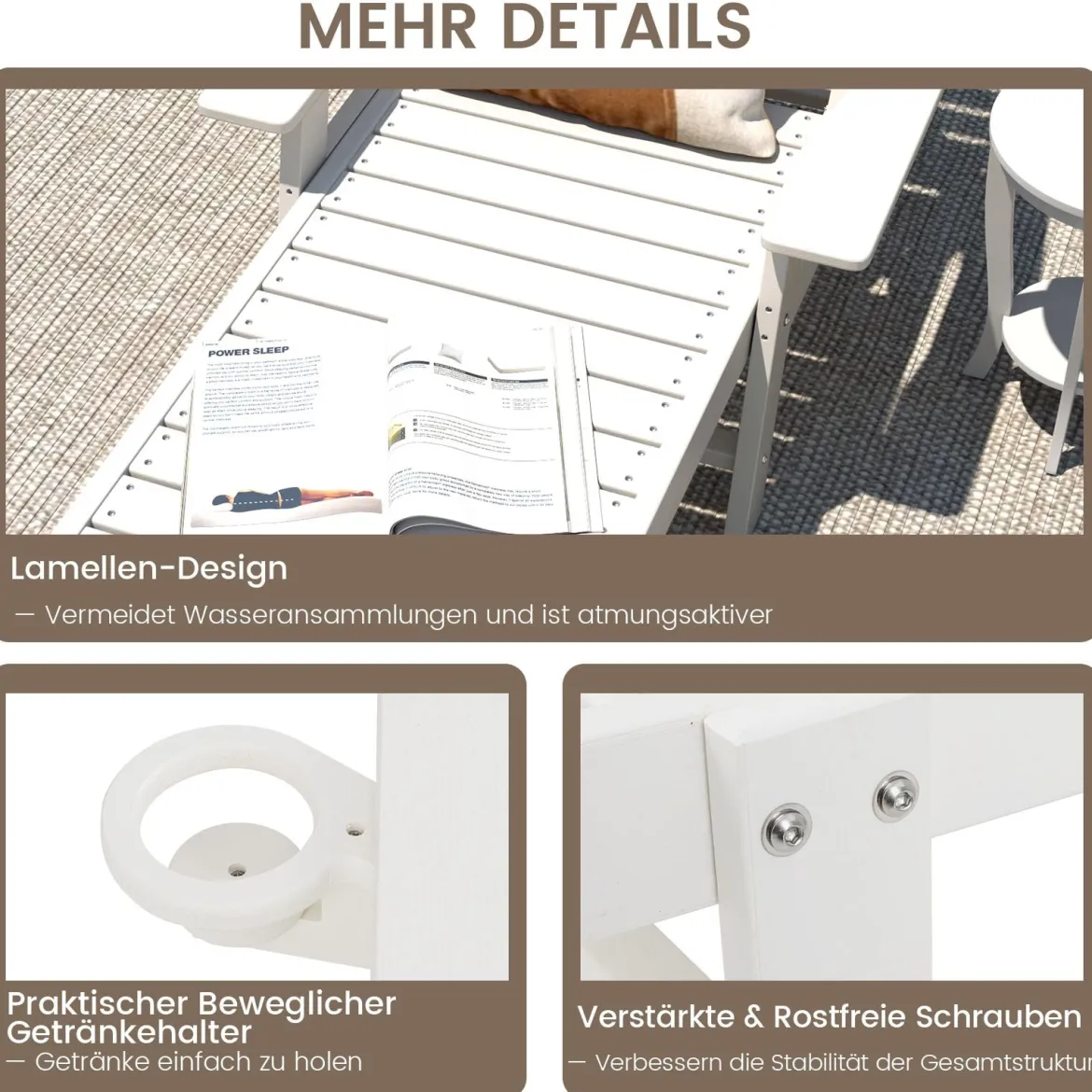 Liegestuhl HDPE Outdoor-Liegesessel mit 4-fach verstellbarer Rückenlehne & drehbarem Getränkehalter Weiß