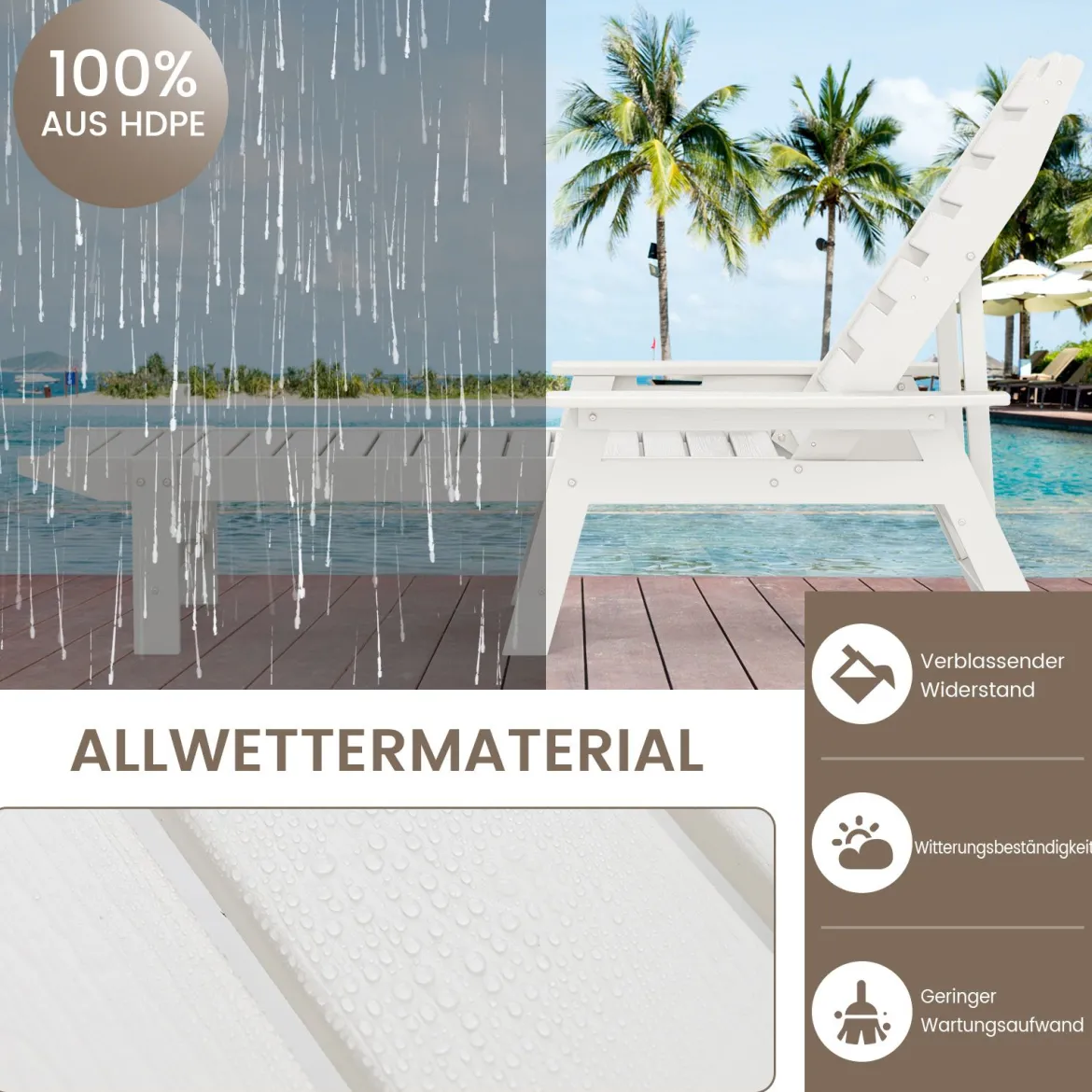 Liegestuhl HDPE Outdoor-Liegesessel mit 4-fach verstellbarer Rückenlehne & drehbarem Getränkehalter Weiß