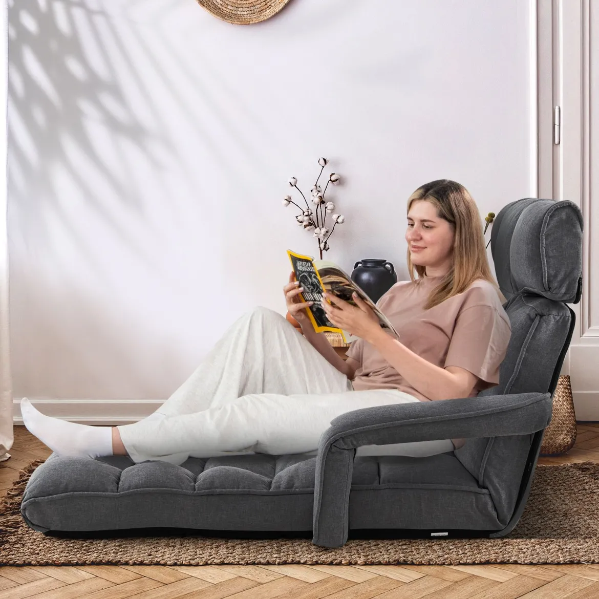 Liegestuhl Klappbares Schlafsofa mit 6 Verstellbaren Positionen 72 x 61 x 46,5 cm Dunkelgrau