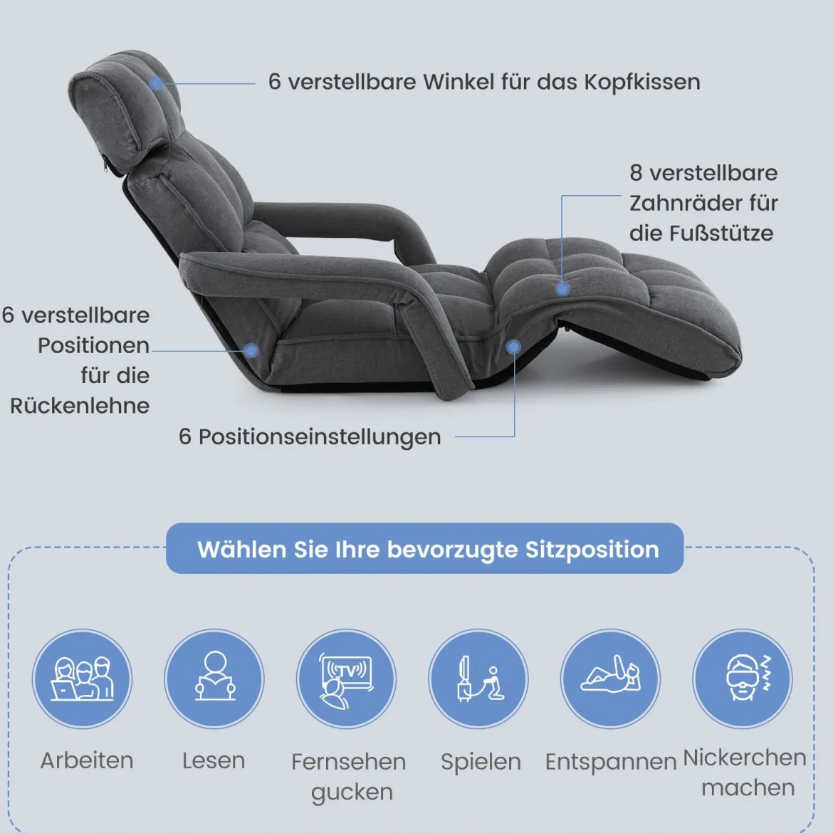 Liegestuhl Klappbares Schlafsofa mit 6 Verstellbaren Positionen 72 x 61 x 46,5 cm Dunkelgrau