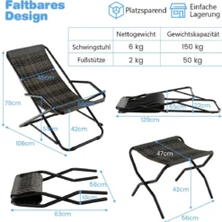 Liegestuhl Klappbar Rattan Strandliege mit Sanfter Schaukelbewegung 106 x 65 x 79 cm Grau