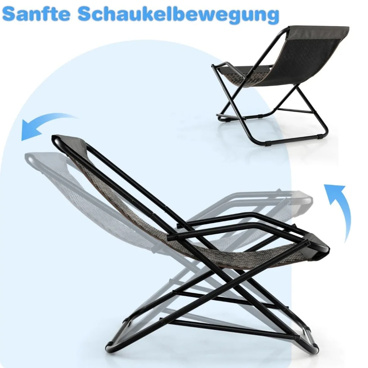 Liegestuhl mit Klapphocker Rattan Strandliege mit sanfter Schaukelbewegung 106 x 65 x 79 cm Grau