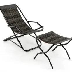 Liegestuhl mit Klapphocker Rattan Strandliege mit sanfter Schaukelbewegung 106 x 65 x 79 cm Grau