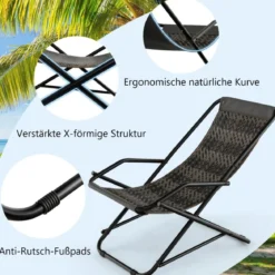 Liegestuhl mit Klapphocker Rattan Strandliege mit sanfter Schaukelbewegung 106 x 65 x 79 cm Grau