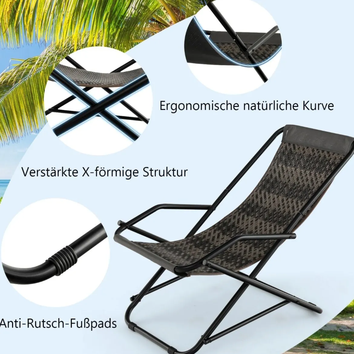 Liegestuhl mit Klapphocker Rattan Strandliege mit sanfter Schaukelbewegung 106 x 65 x 79 cm Grau