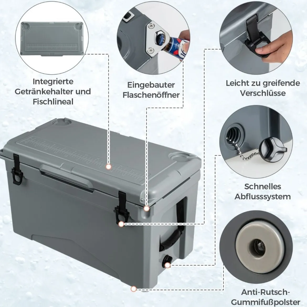 47L Isolierbox Kühlbox tragbar Wärmebehälter mit Flaschenöffner und Abflusssystem 69 x 37 x 42 cm Grau