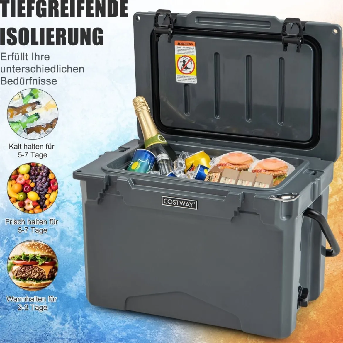 23L Isolierbox mit Flaschenöffner & Griff Tragbare Kühlbox Wärmebehälter für Camping Grau