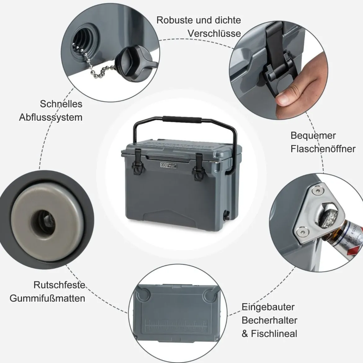 23L Isolierbox mit Flaschenöffner & Griff Tragbare Kühlbox Wärmebehälter für Camping Grau