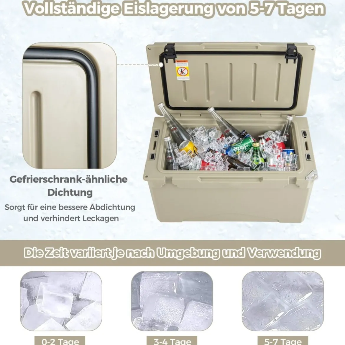 47L Isolierbox mit Flaschenöffner & Griff Tragbare Kühlbox Wärmebehälter für Camping Kahki