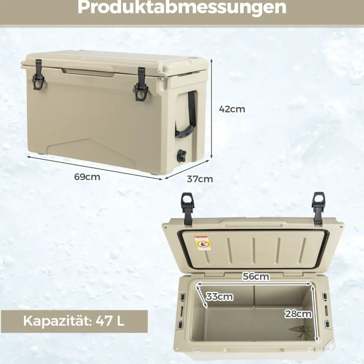 47L Isolierbox mit Flaschenöffner & Griff Tragbare Kühlbox Wärmebehälter für Camping Kahki
