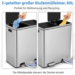60-Liter-Schritt-Abfallbehälter mit zwei Fächern Edelstahl-Abfalltrennungspedal-Mülleimer Silber