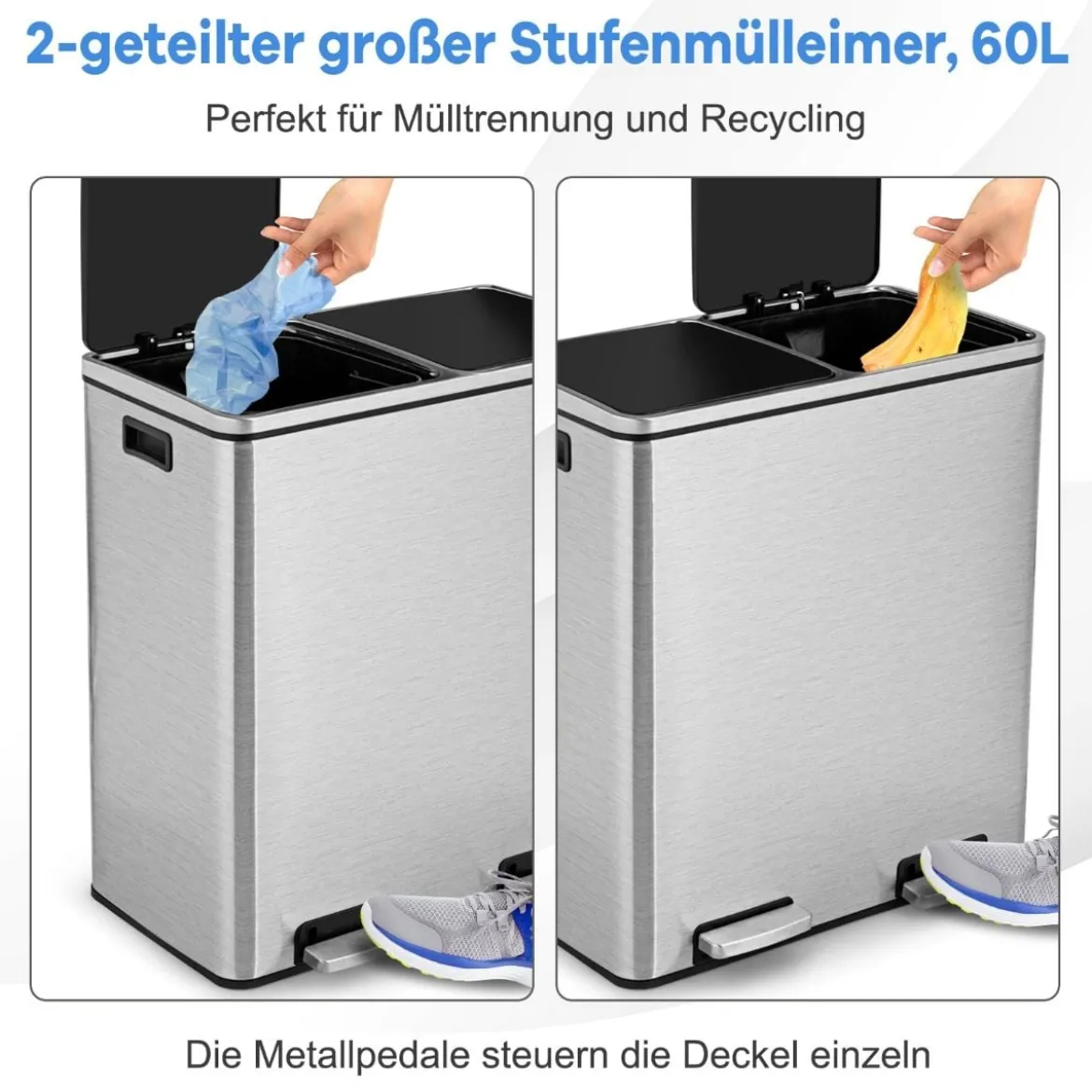60-Liter-Schritt-Abfallbehälter mit zwei Fächern Edelstahl-Abfalltrennungspedal-Mülleimer Silber