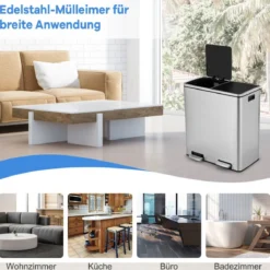 60-Liter-Schritt-Abfallbehälter mit zwei Fächern Edelstahl-Abfalltrennungspedal-Mülleimer Silber