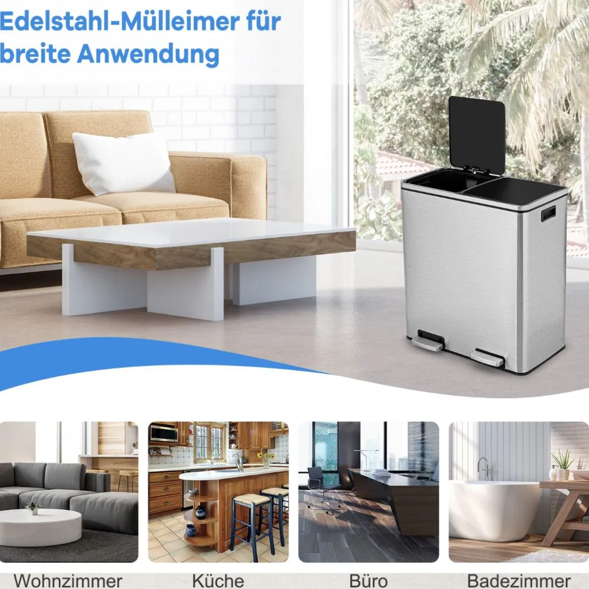 60-Liter-Schritt-Abfallbehälter mit zwei Fächern Edelstahl-Abfalltrennungspedal-Mülleimer Silber