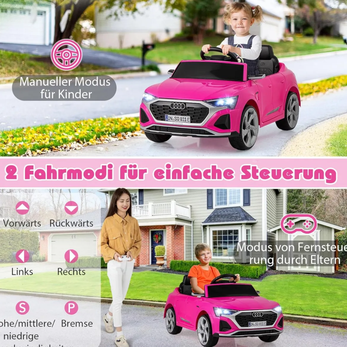 Lizenziertes Audi SQ8 Kinderauto 12-V-Elektrofahrzeug mit Fernbedienung Schwarz/Rosa