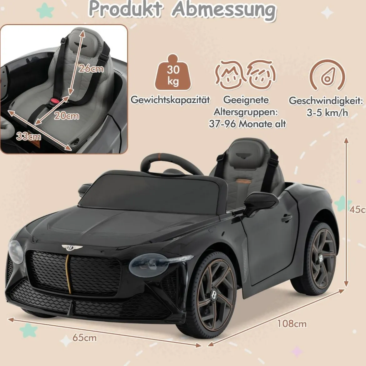 Lizenziertes Bentley Bacalar Kinderfahrzeug mit Fernbedienung & Scherentüren & Federung Schwarz