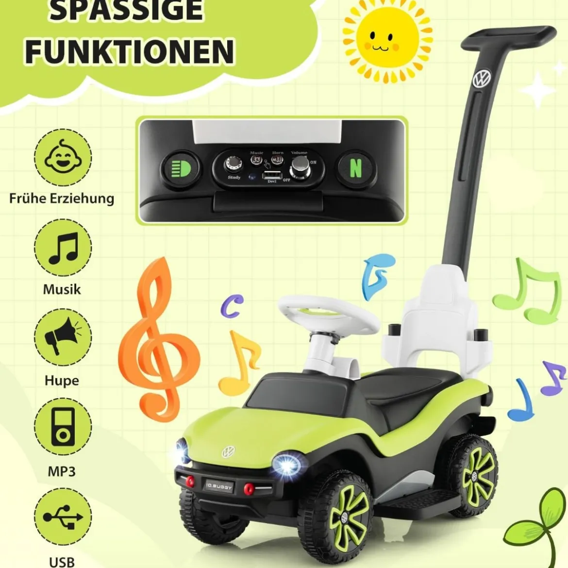 Lizenziertes 3-in-1-Rutschauto von Volkswagen Kinderauto mit Dreifach verstellbarem Schiebegriff 96 x 40 x 93 Grün