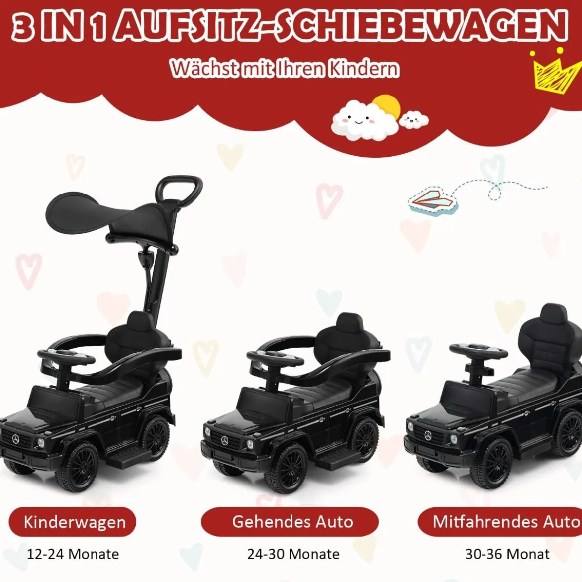 Lizenziertes Mercedes Benz Kinderfahrzeug mit Verstellbarem Sonnendach &Elterngriff Kinderwagen