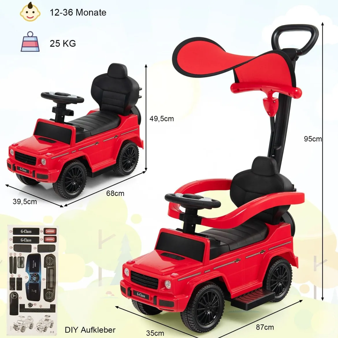 Lizenziertes Mercedes Benz Kinderfahrzeug mit Verstellbarem Sonnendach &Elterngriff Kinderwagen
