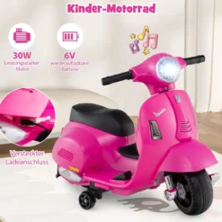 Lizenzierte Vespa Kinder Elektromotorrad 6V Batterie betriebenes Motorrad mit LED-Scheinwerfer Rosa