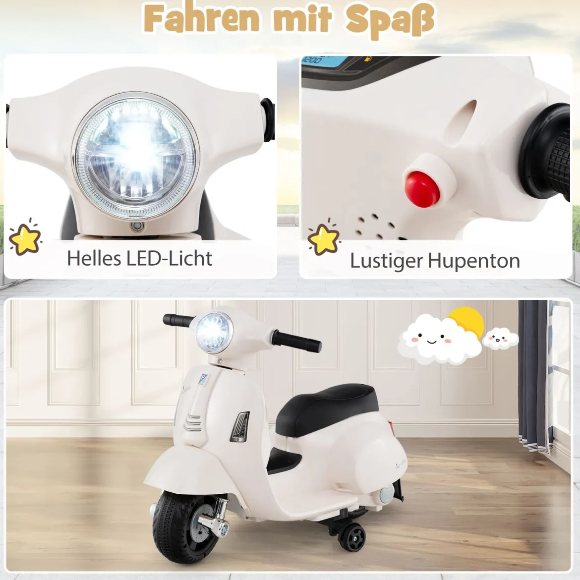 Lizenzierte Vespa Kinder Elektromotorrad 6V Batterie betriebenes Motorrad mit LED-Scheinwerfer Weiß