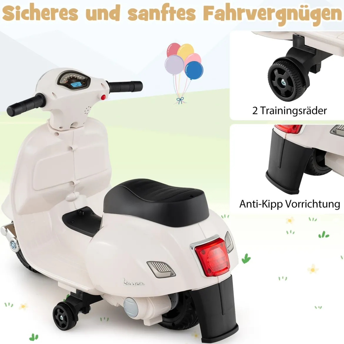 Lizenzierte Vespa Kinder Elektromotorrad 6V Batterie betriebenes Motorrad mit LED-Scheinwerfer Weiß