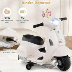 Lizenzierte Vespa Kinder Elektromotorrad 6V Batterie betriebenes Motorrad mit LED-Scheinwerfer Weiß