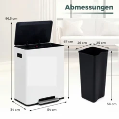 60L Küche Mülleimer aus Edelstahl mit Pedal & Softclose Deckel 2 Fächer Mülltrennsystem Weiß
