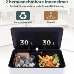 60L Küche Mülleimer aus Edelstahl mit Pedal & Softclose Deckel 2 Fächer Mülltrennsystem Weiß