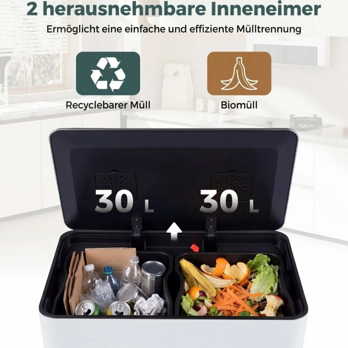 60L Küche Mülleimer aus Edelstahl mit Pedal & Softclose Deckel 2 Fächer Mülltrennsystem Weiß