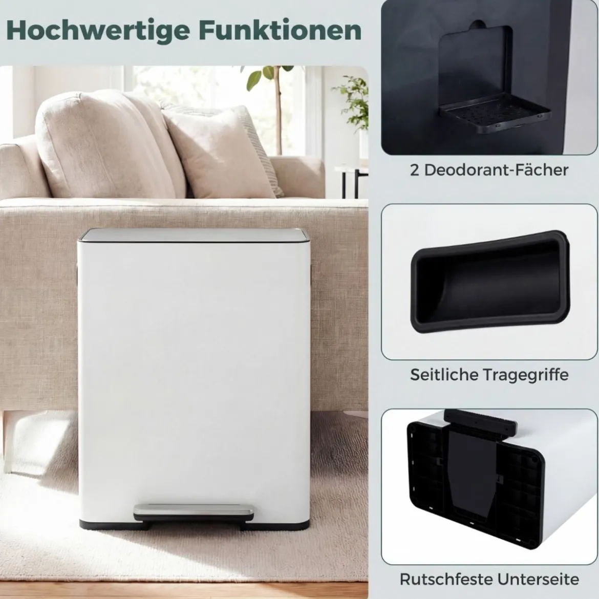 60L Küche Mülleimer aus Edelstahl mit Pedal & Softclose Deckel 2 Fächer Mülltrennsystem Weiß