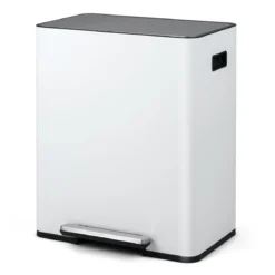 60L Küche Mülleimer aus Edelstahl mit Pedal & Softclose Deckel 2 Fächer Mülltrennsystem Weiß