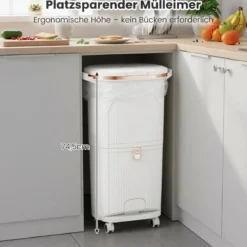 38L Küchenmülleimer mit Deckel & 2 Herausnehmbaren Behältern & Fußpedal & Rädern Weiß