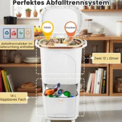 38L Küchenmülleimer mit Deckel & 2 Herausnehmbaren Behältern & Fußpedal & Rädern Weiß