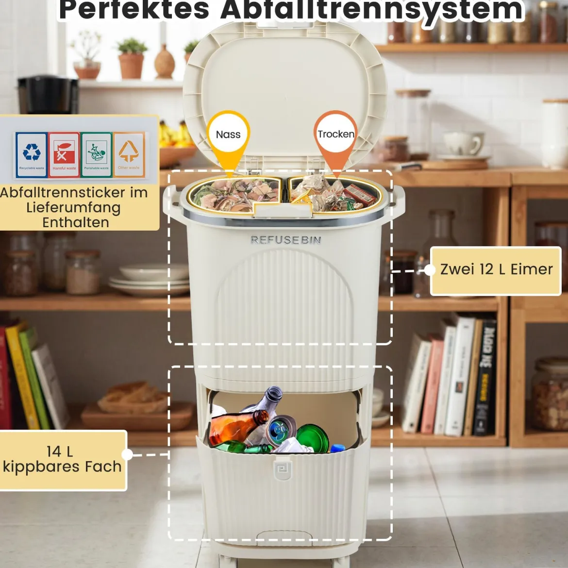 38L Küchenmülleimer mit Deckel & 2 Herausnehmbaren Behältern & Fußpedal & Rädern Beige