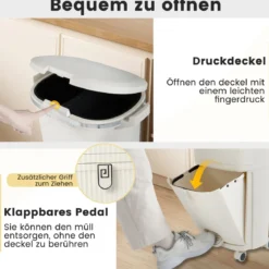 38L Küchenmülleimer mit Deckel & 2 Herausnehmbaren Behältern & Fußpedal & Rädern Beige