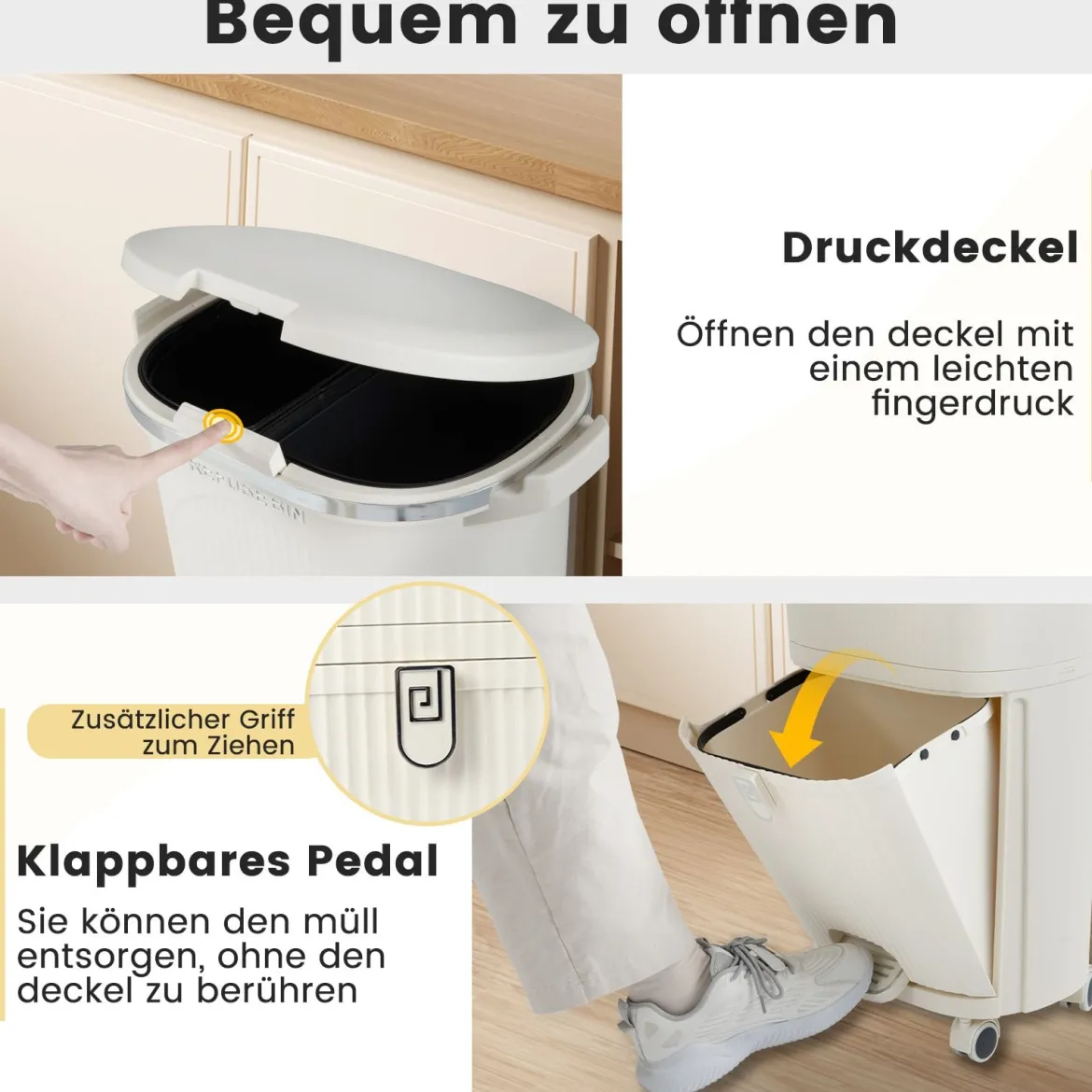 38L Küchenmülleimer mit Deckel & 2 Herausnehmbaren Behältern & Fußpedal & Rädern Beige