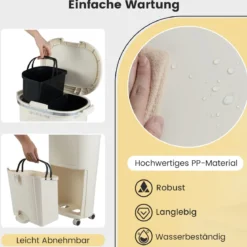 38L Küchenmülleimer mit Deckel & 2 Herausnehmbaren Behältern & Fußpedal & Rädern Beige