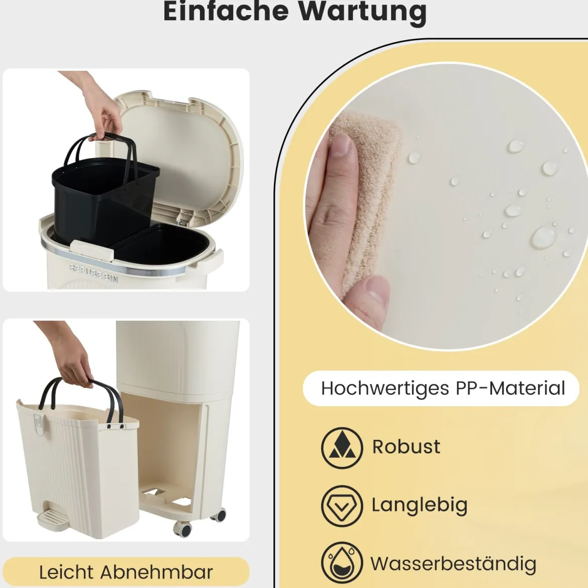 38L Küchenmülleimer mit Deckel & 2 Herausnehmbaren Behältern & Fußpedal & Rädern Beige