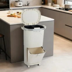 38L Küchenmülleimer mit Deckel & 2 Herausnehmbaren Behältern & Fußpedal & Rädern Beige