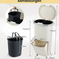 38L Küchenmülleimer mit Deckel & 2 Herausnehmbaren Behältern & Fußpedal & Rädern Beige