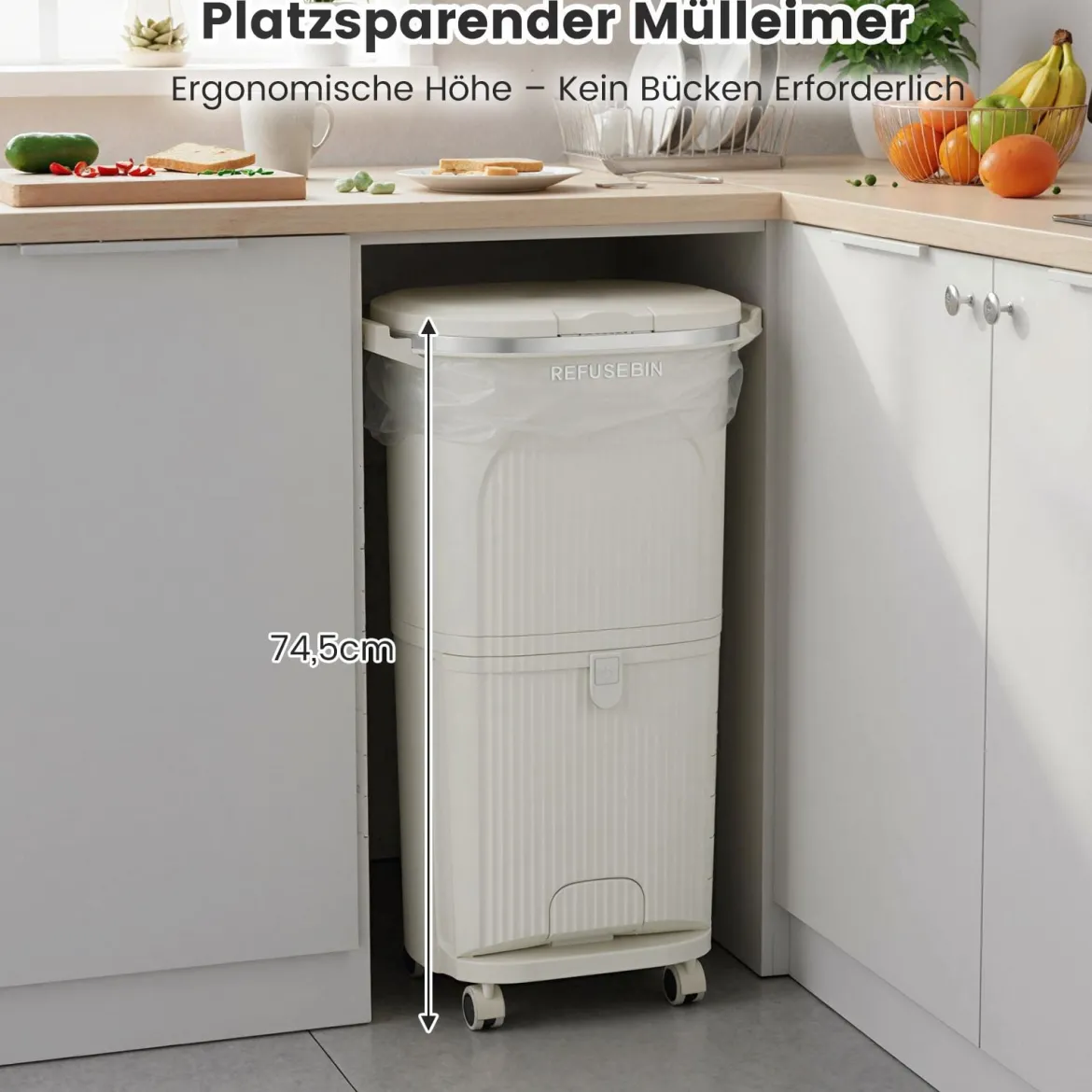 38L Küchenmülleimer mit Deckel & 2 Herausnehmbaren Behältern & Fußpedal & Rädern Beige