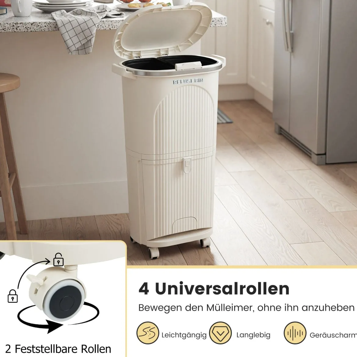 38L Küchenmülleimer mit Deckel & 2 Herausnehmbaren Behältern & Fußpedal & Rädern Beige