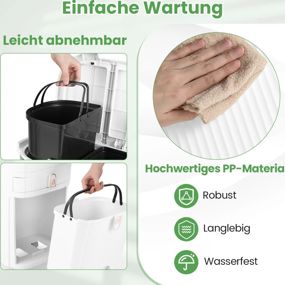 42L Küchenmülleimer mit Deckel 3-stufiger Sortiermülleimer mit 2 abnehmbaren Behältern Weiß