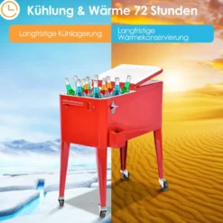 76L Kühlwagen mit Rädern Beistellwagen Mobile Kühlbox Getränkewagen 91 x 48 x 87 cm Rot