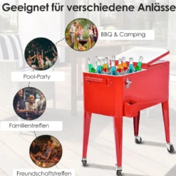 76L Kühlwagen mit Rädern Beistellwagen Mobile Kühlbox Getränkewagen 91 x 48 x 87 cm Rot