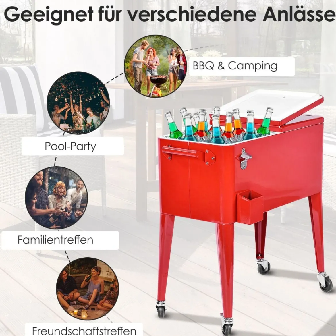 76L Kühlwagen mit Rädern Beistellwagen Mobile Kühlbox Getränkewagen 91 x 48 x 87 cm Rot