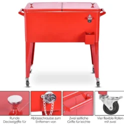 76L Kühlwagen mit Rädern Beistellwagen Mobile Kühlbox Getränkewagen 91 x 48 x 87 cm Rot