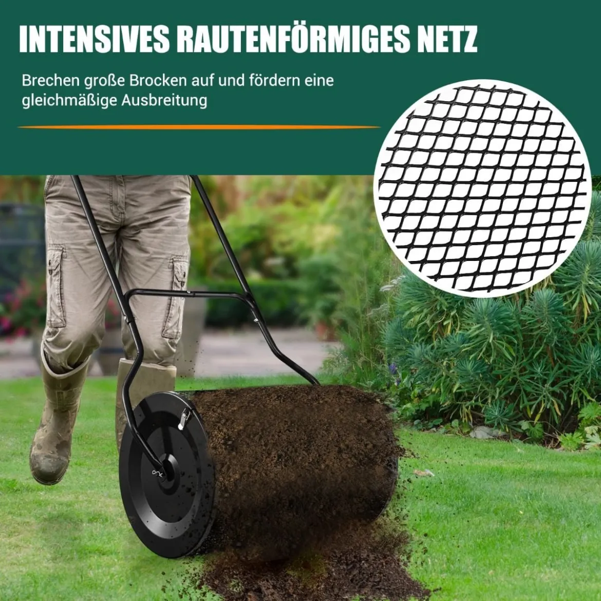 80L Kompoststreuer mit U-Griff & Mesh-Korb 39 cm Breiter Torfstreuer Düngerstreuer Komposter Schwarz