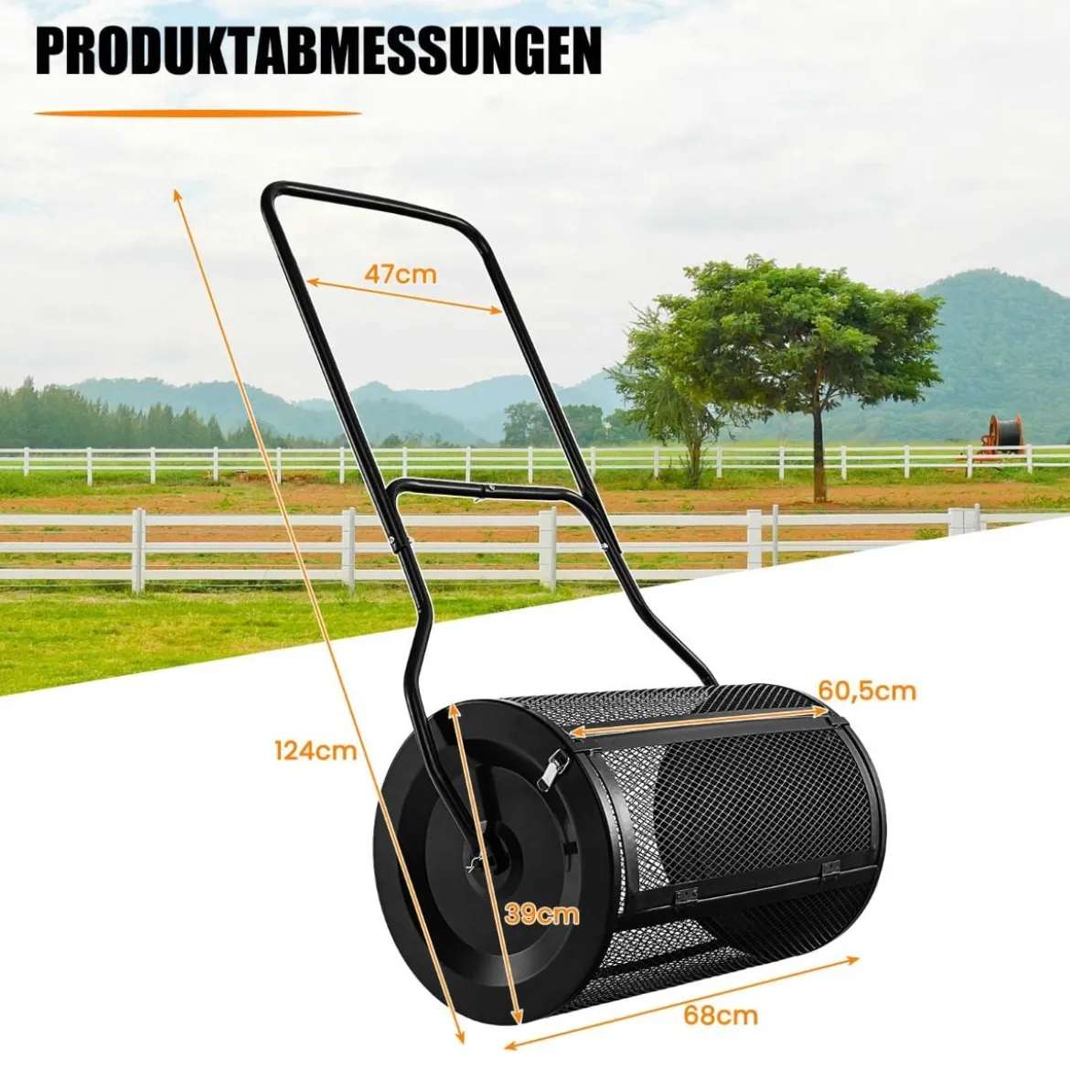 80L Kompoststreuer mit U-Griff & Mesh-Korb 39 cm Breiter Torfstreuer Düngerstreuer Komposter Schwarz